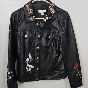Christopher & Banks Black Faux Leather Jacket with Floral Embroidery